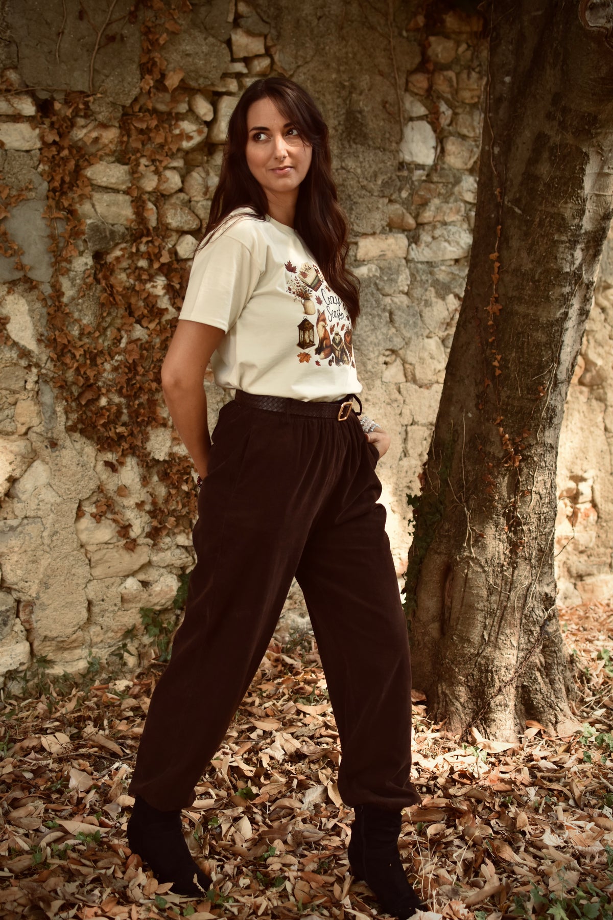 Pantalon en velours côtélé Chocolat - ceinture tressée