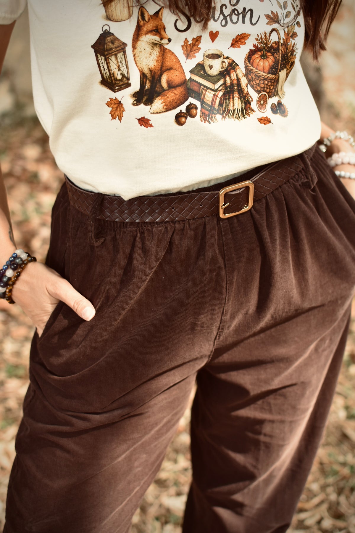 Pantalon en velours côtélé Chocolat - ceinture tressée
