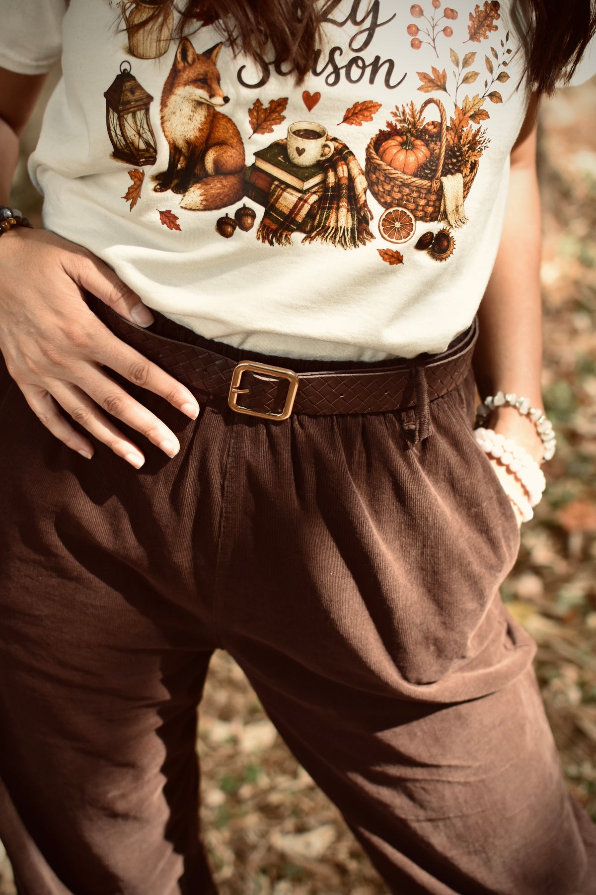 Pantalon en velours côtélé Chocolat - ceinture tressée