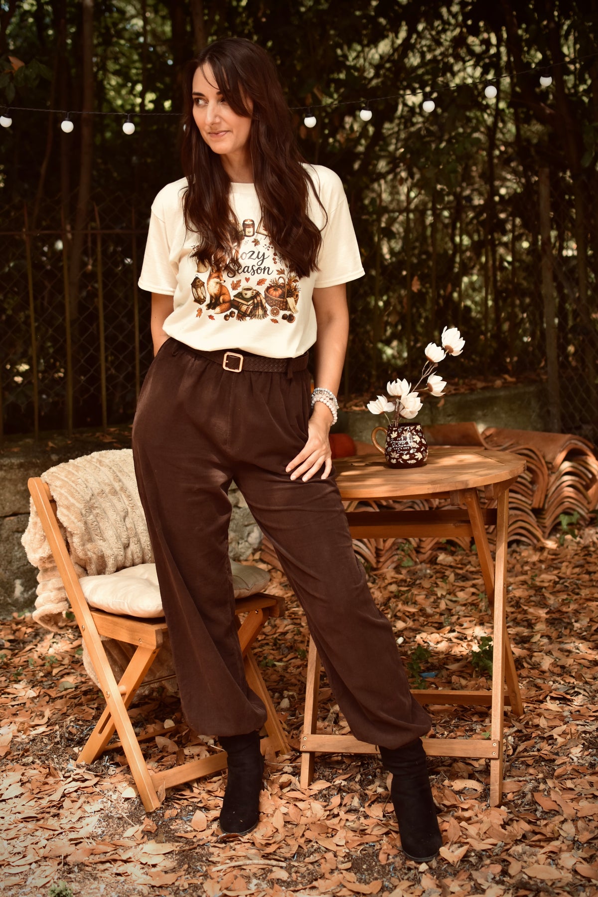 Pantalon en velours côtélé Chocolat - ceinture tressée