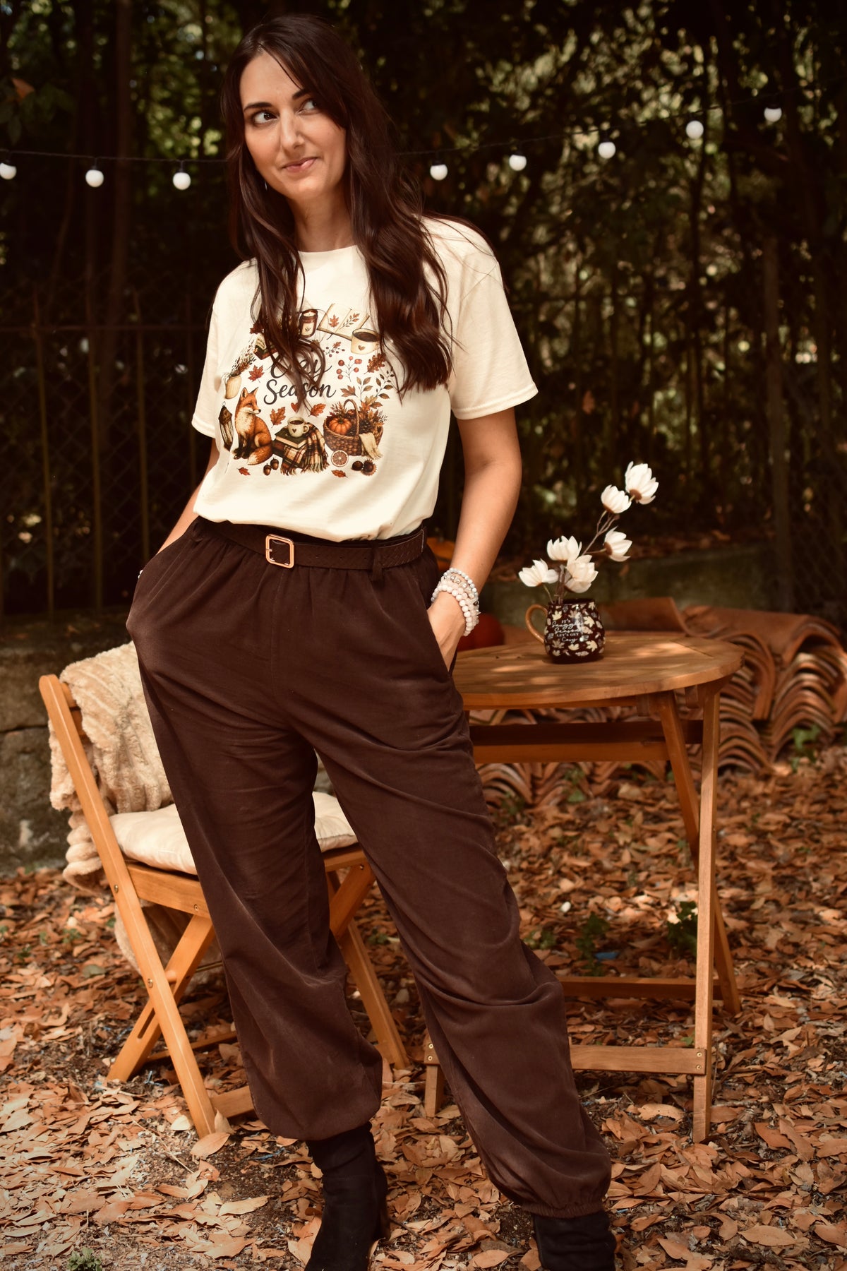 Pantalon en velours côtélé Chocolat - ceinture tressée