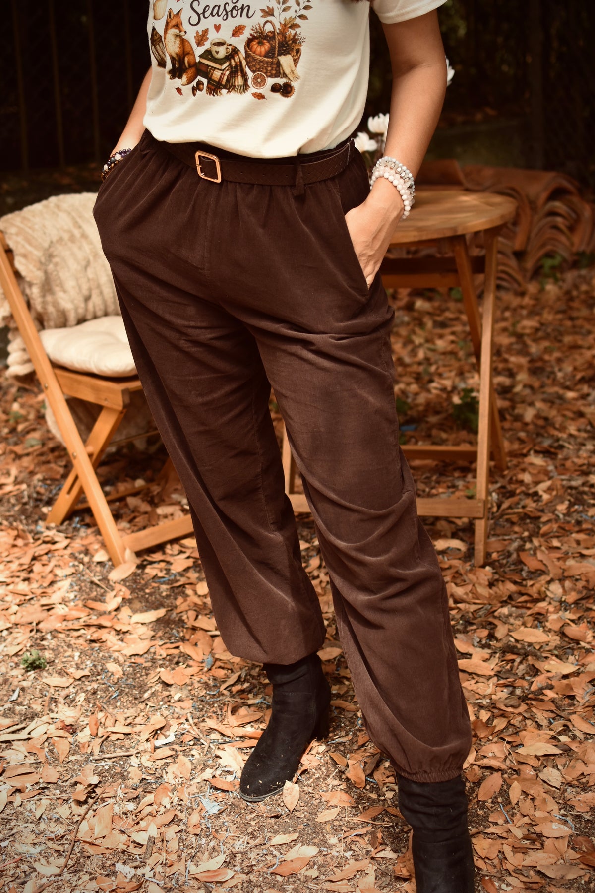 Pantalon en velours côtélé Chocolat - ceinture tressée