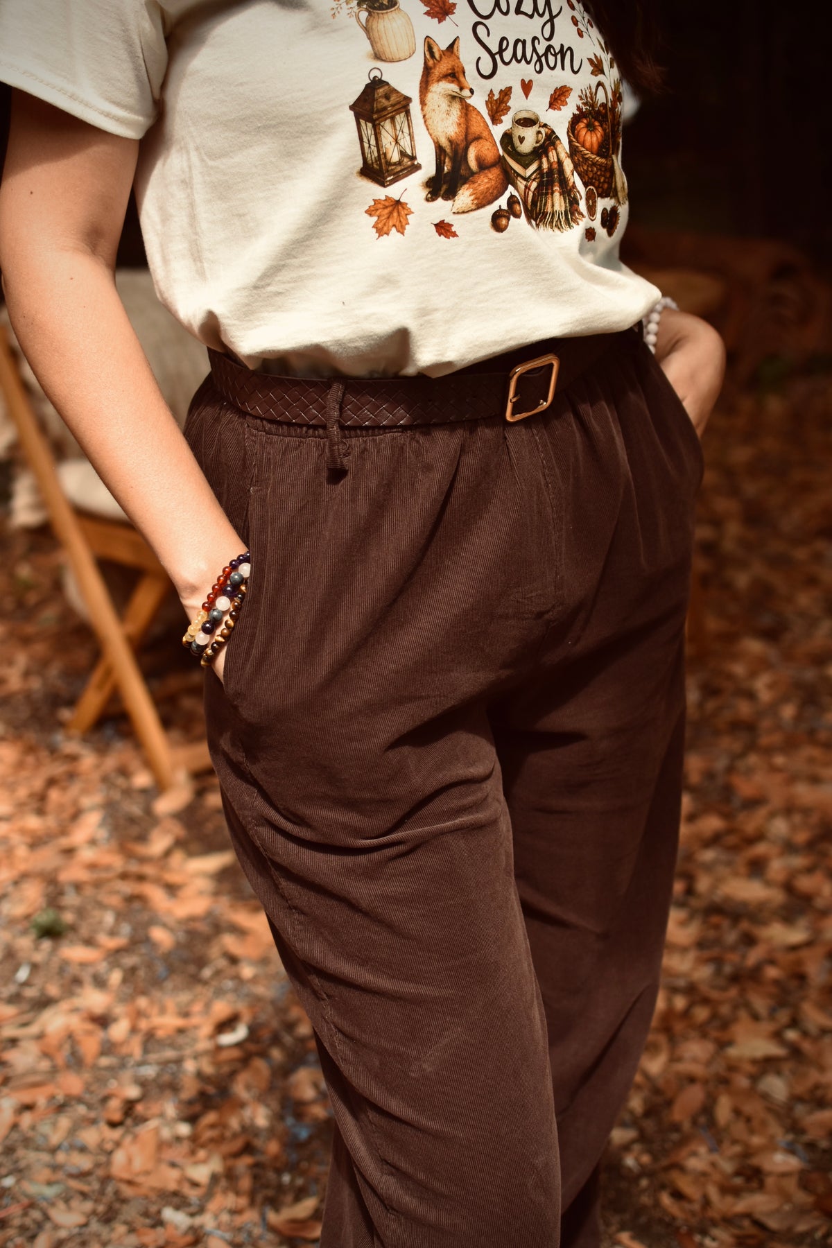 Pantalon en velours côtélé Chocolat - ceinture tressée