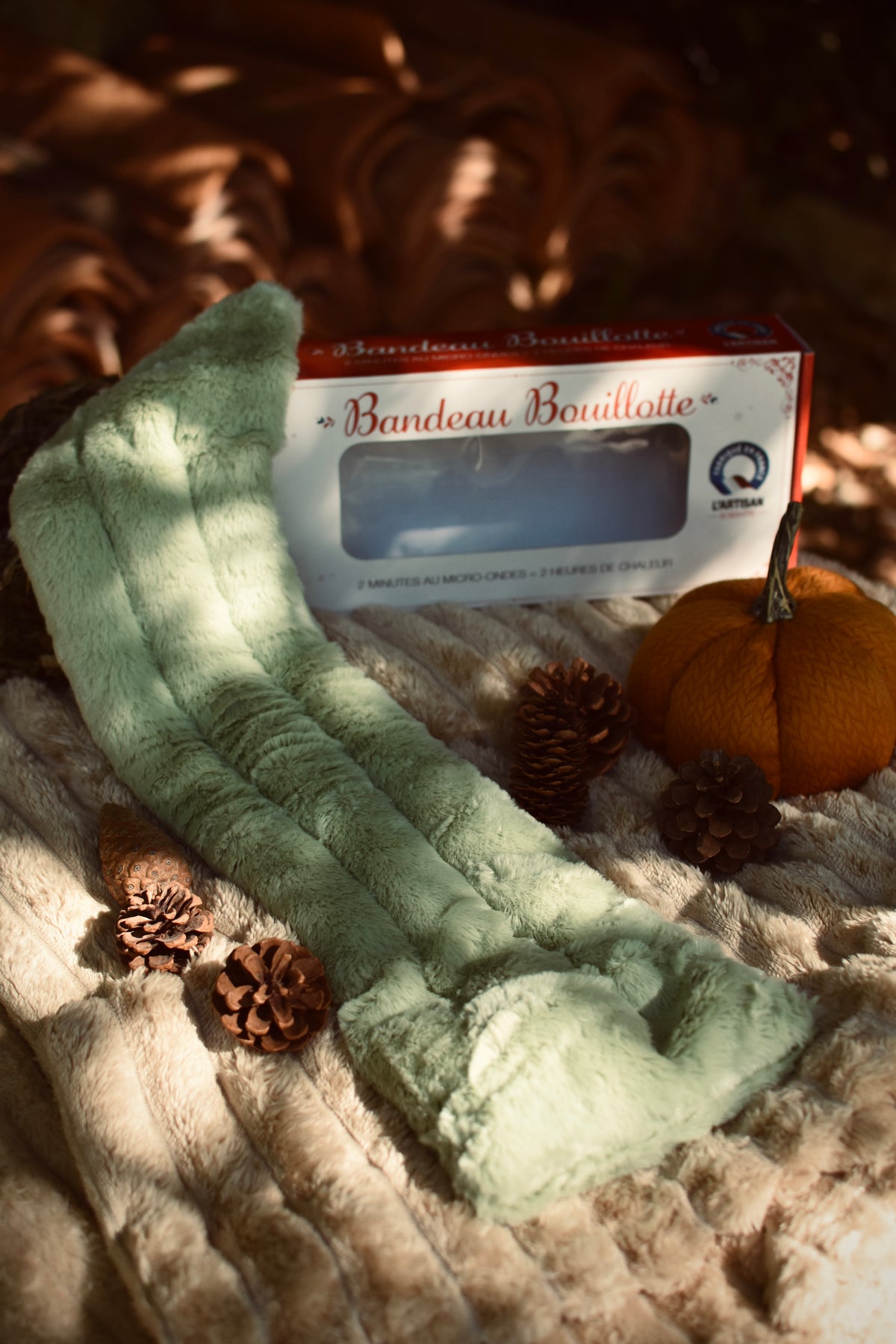 Bandeau bouillotte vert pastel au blé & lavande – Fabriquée en France 🇫🇷